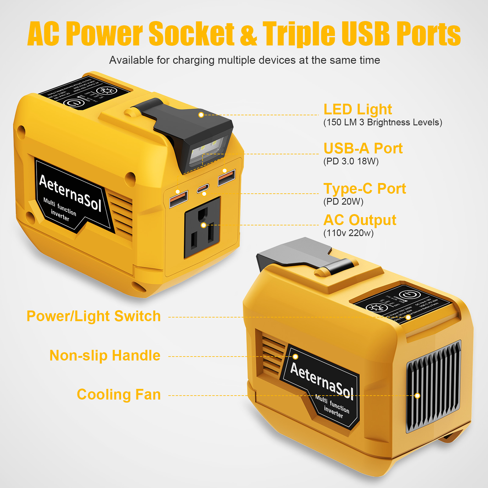2 Pack 20V Battery For 250W Power Inverter 110V AC 3 USB Outlet Portable outdoor