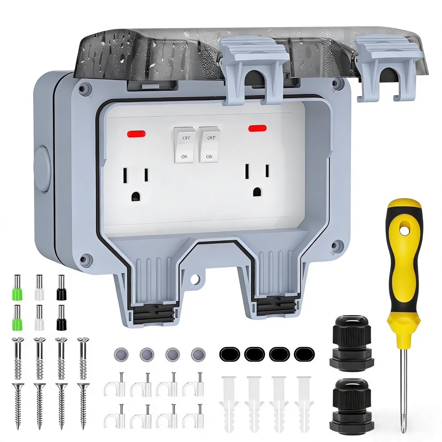 Double Outdoor Outlet with Box Waterproof IP66 Outdoor Electrical Receptacle, Ou