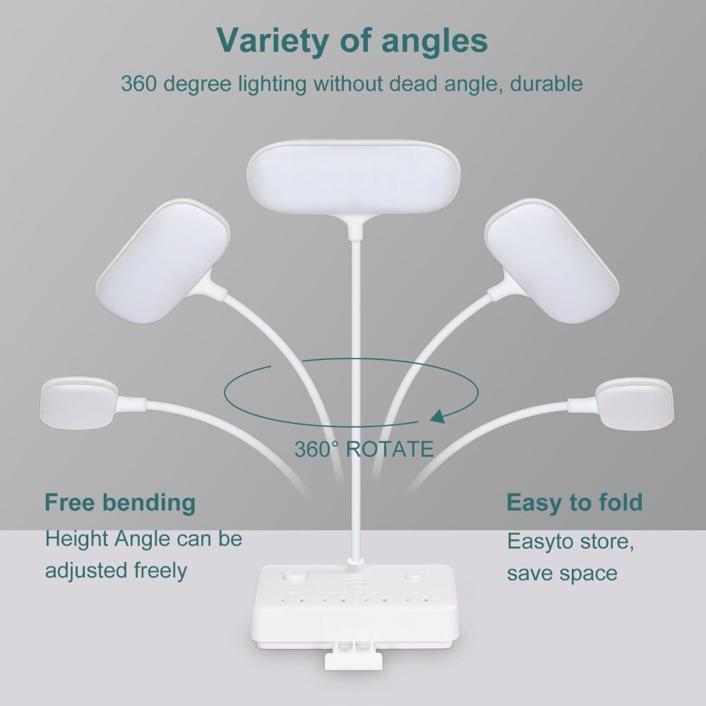 Flexible LED Desk Lamp Surge Power Strip 4 AC Outlets 2 USB Ports Phone Stand
