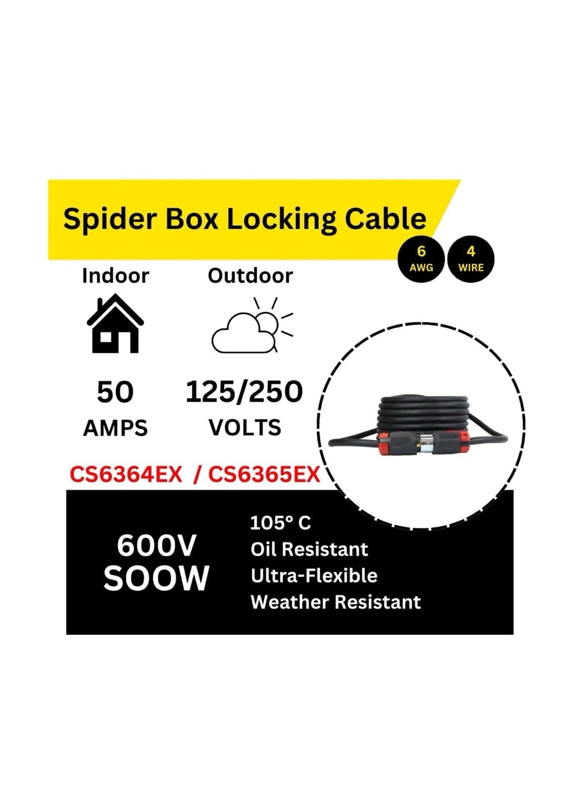Spider Box Twist-Lock Generator Power Extension Cord, 50 Amp, 125/250V