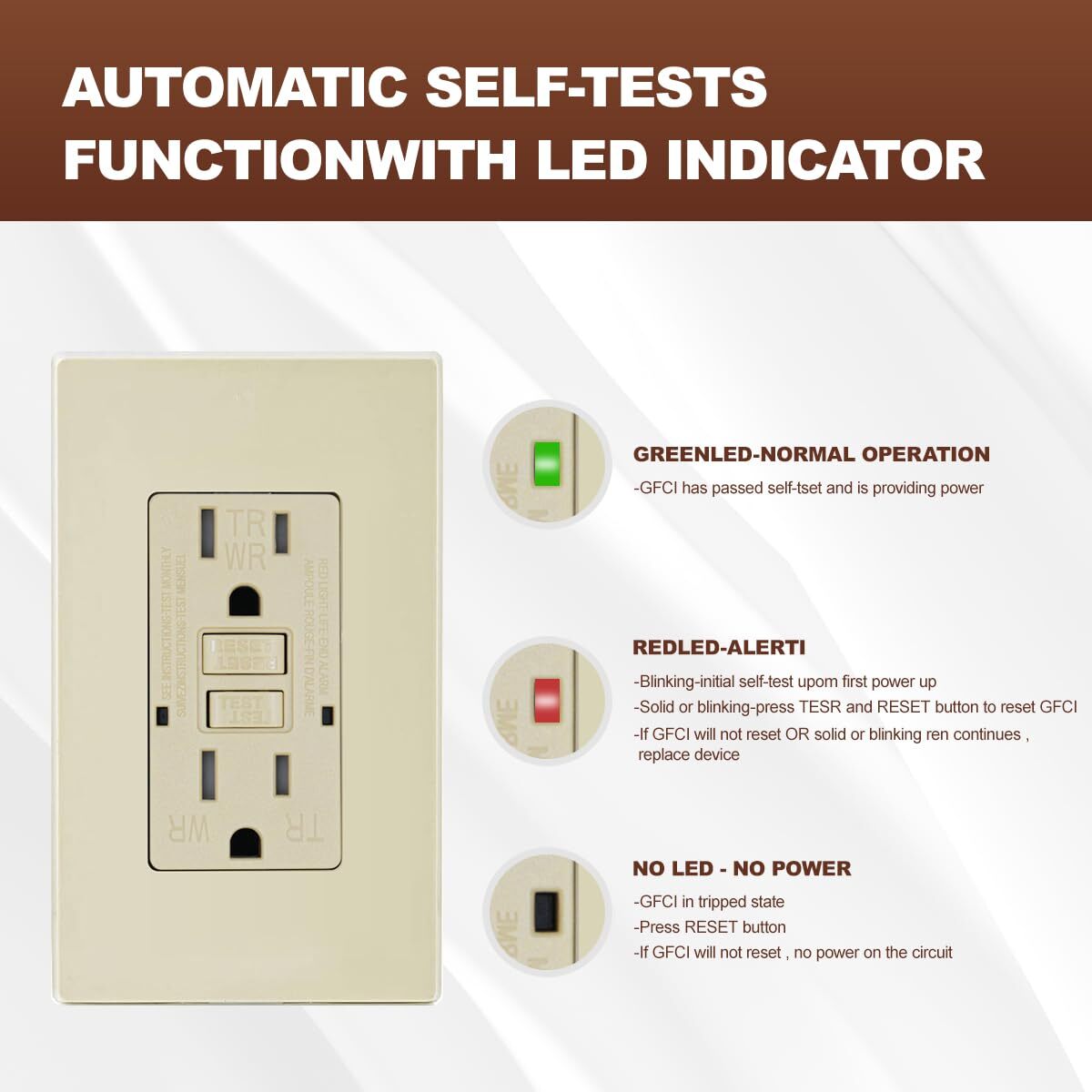 15A GFCI Receptacle Outlet,Tamper Resistant,LED Indicator, Ivory,125V ETL listed