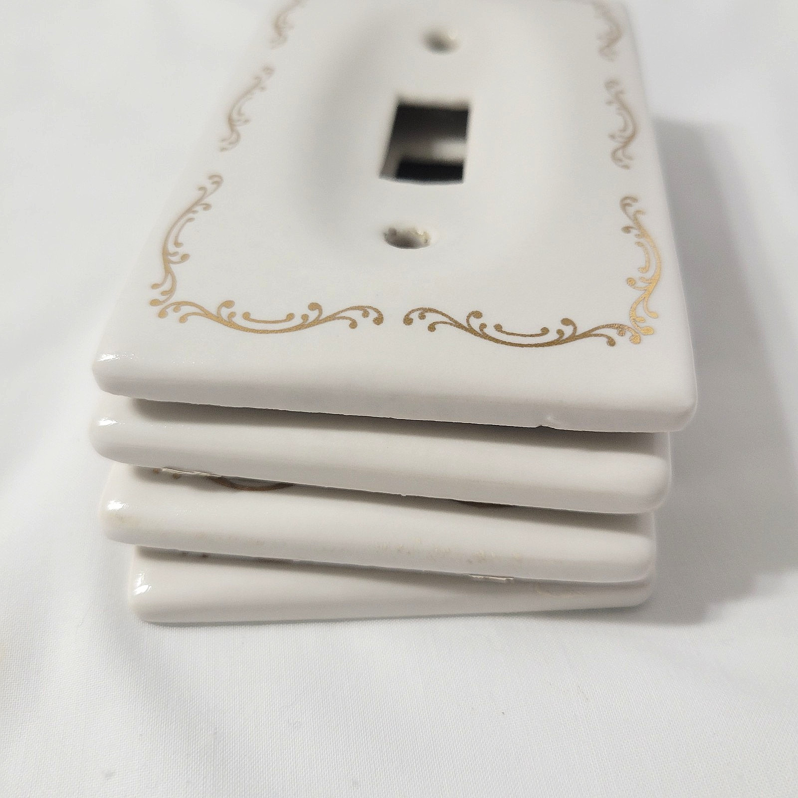 4 VTG Lenape Porcelain Ceramic Single Switch Plate Covers White/Cream & Gold