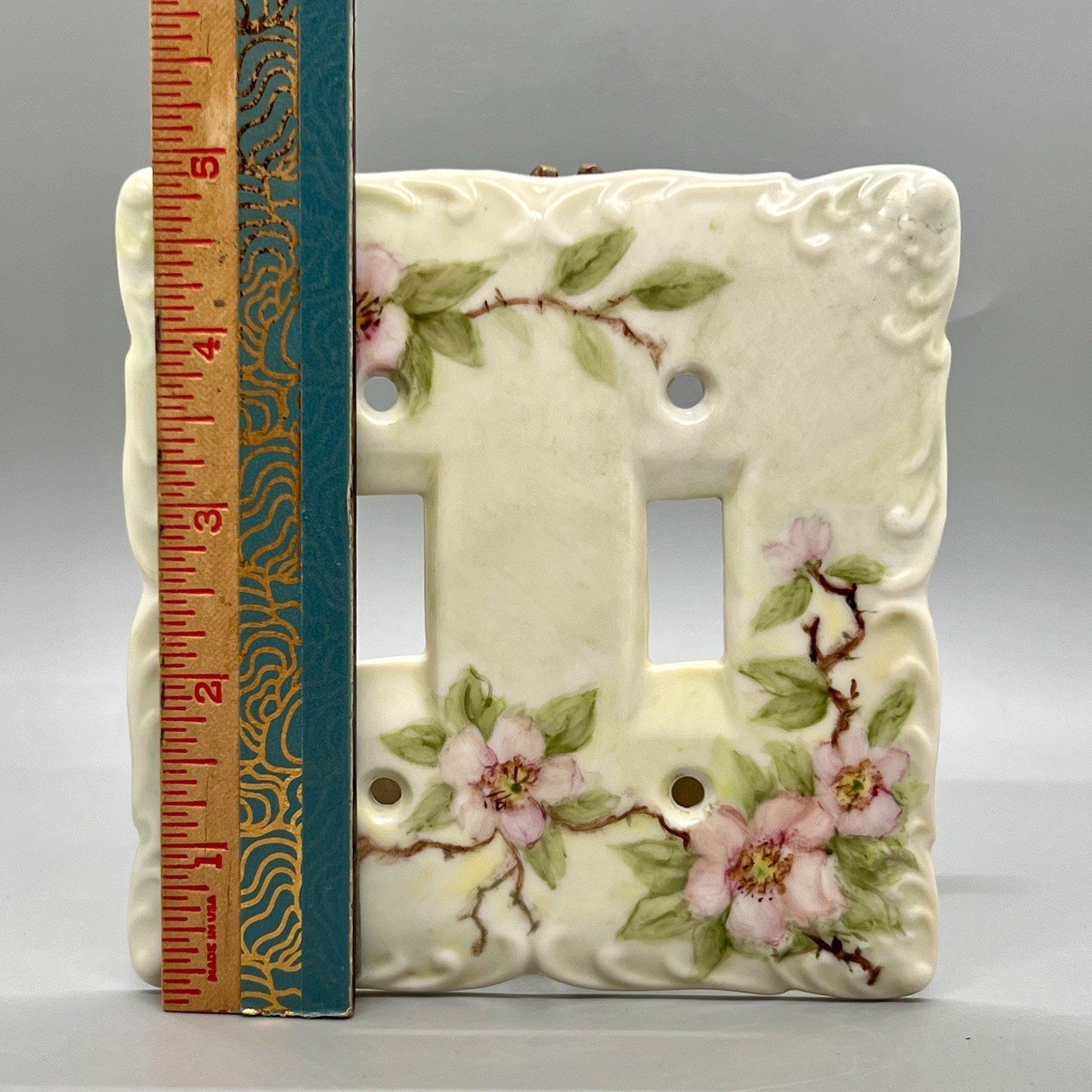 Vtg Porcelain 2-Gang Light Switch Plate Green Hand Painted Pink Dogwood Florals