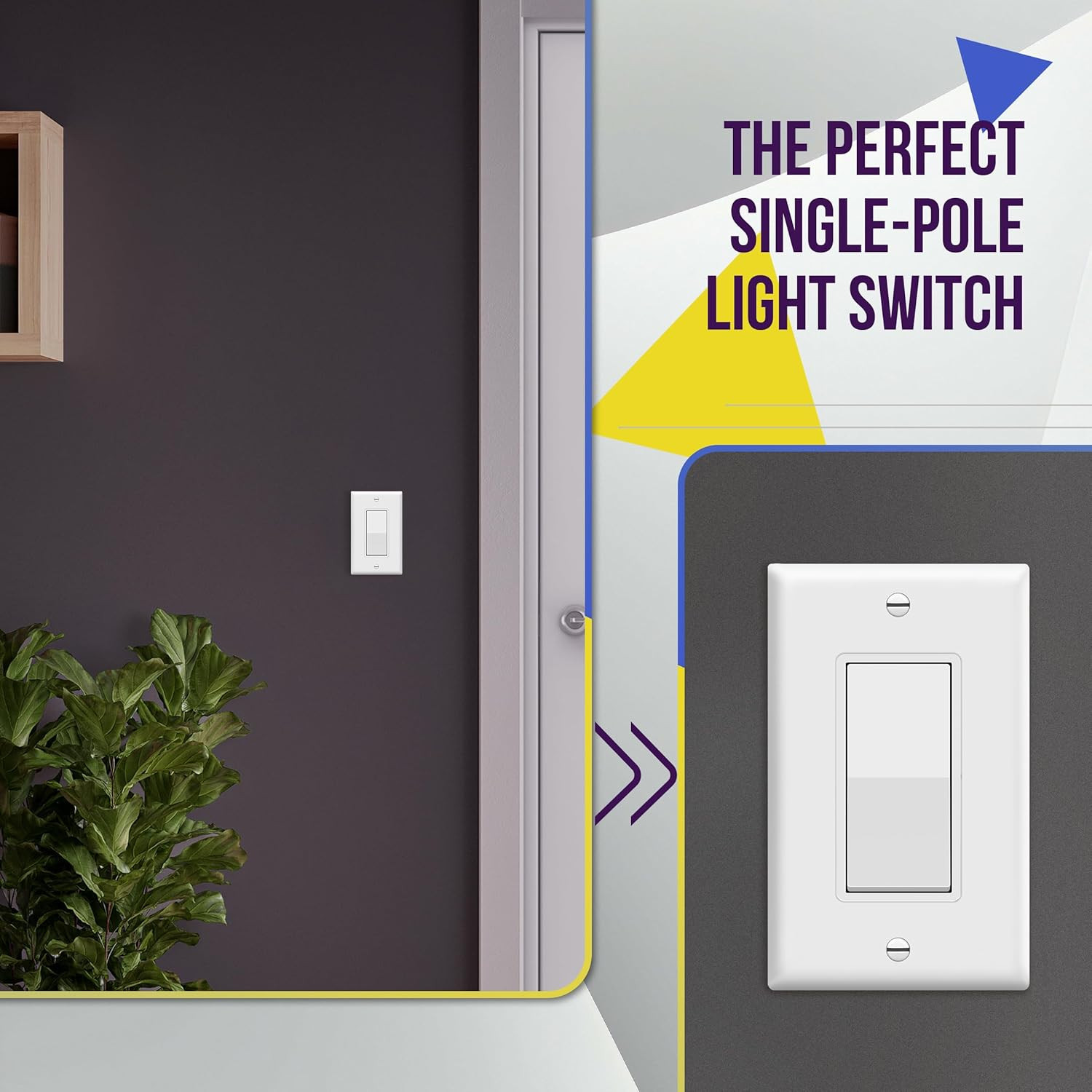 Decorator On/Off Paddle Switch with Wall Plates, Single Pole, 3 Wire, Grounding