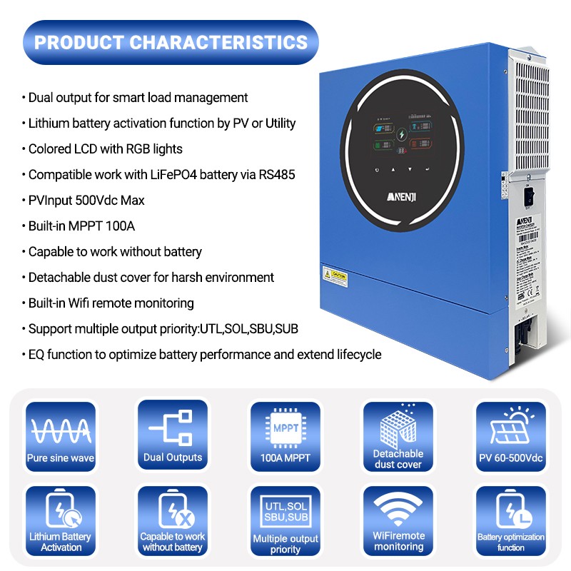 5KW 48V Solar Inverter Hybrid On Off Grid 220V 230V MPPT 100A 500V Charger WIFI