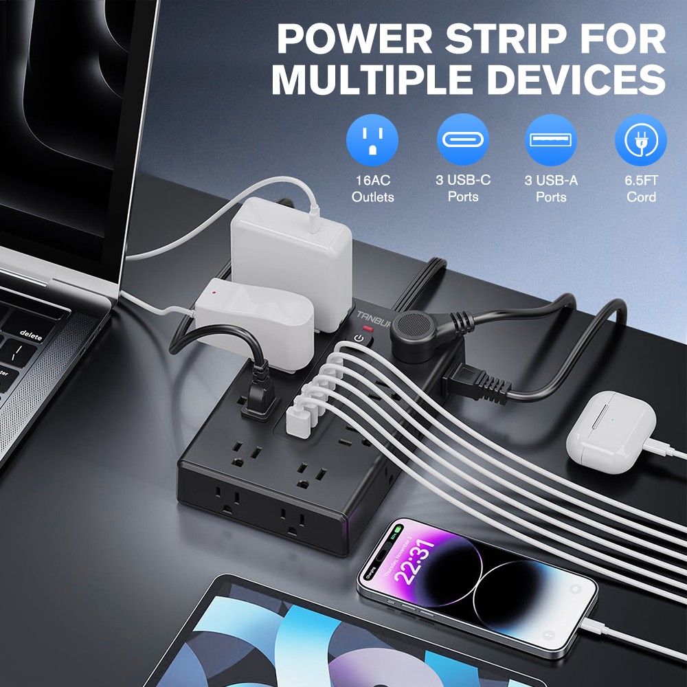 16 Outlets Power Strip USB C Type C Charger Surge Protector Flat Plug 6.5ft
