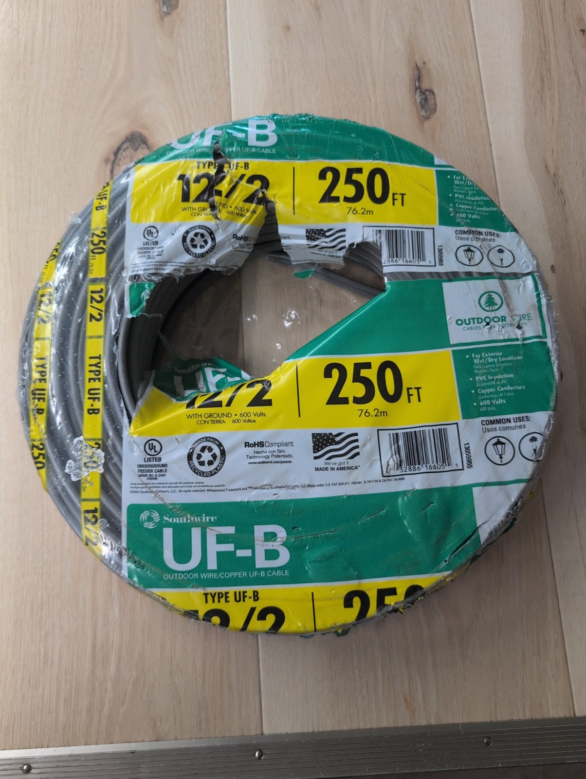 Southwire UF-B 12 AWG Solid Copper Wire Gray 250 ft 600V UV Resistant
