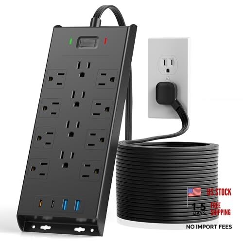 Surge Protector Power Strip 4800J, 15Ft Long Extension Cord 15FT 12AC+4USB