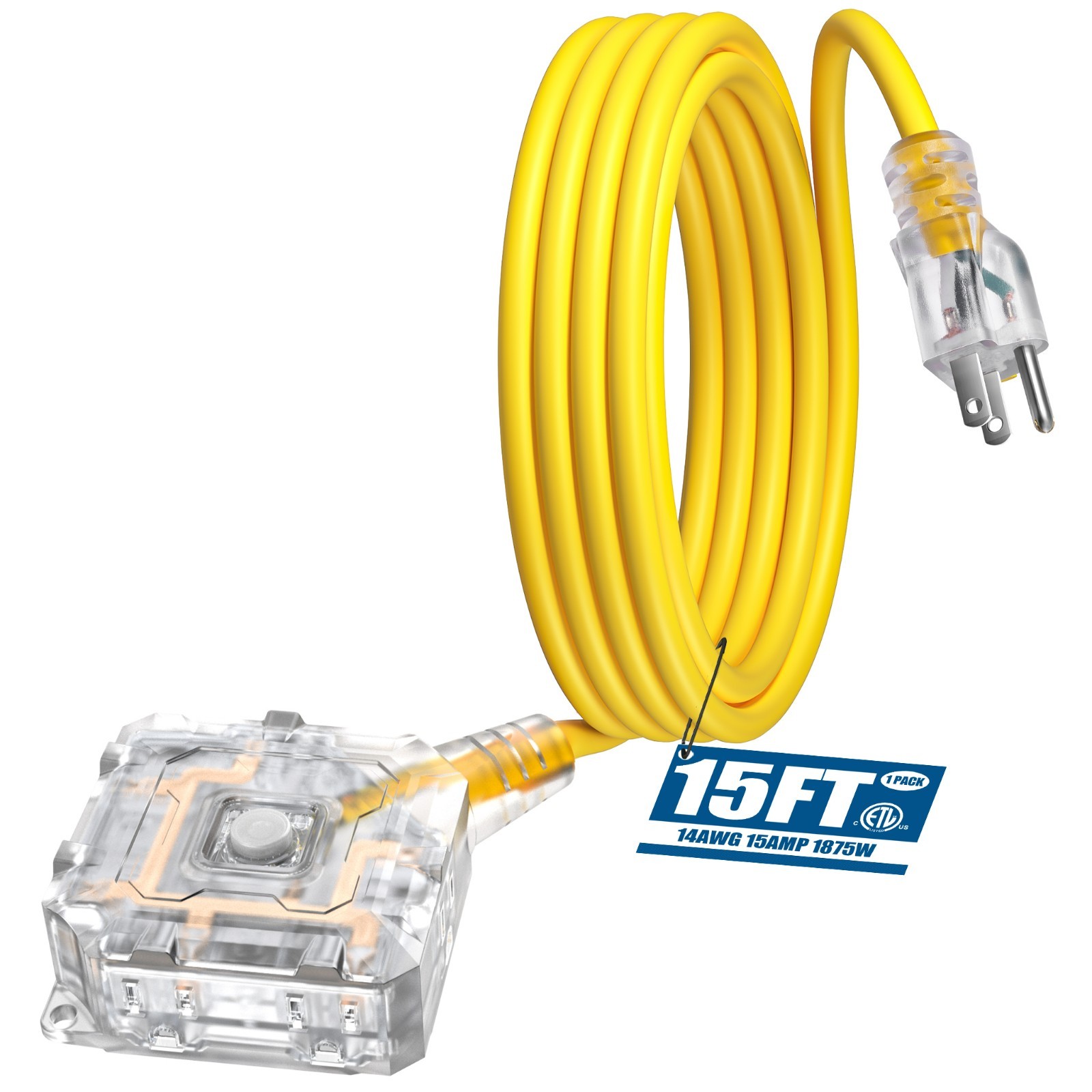 DEWENWILS 15FT Heavy Duty Extension Cord 14AWG, 6 Outlets, Waterproof Switch