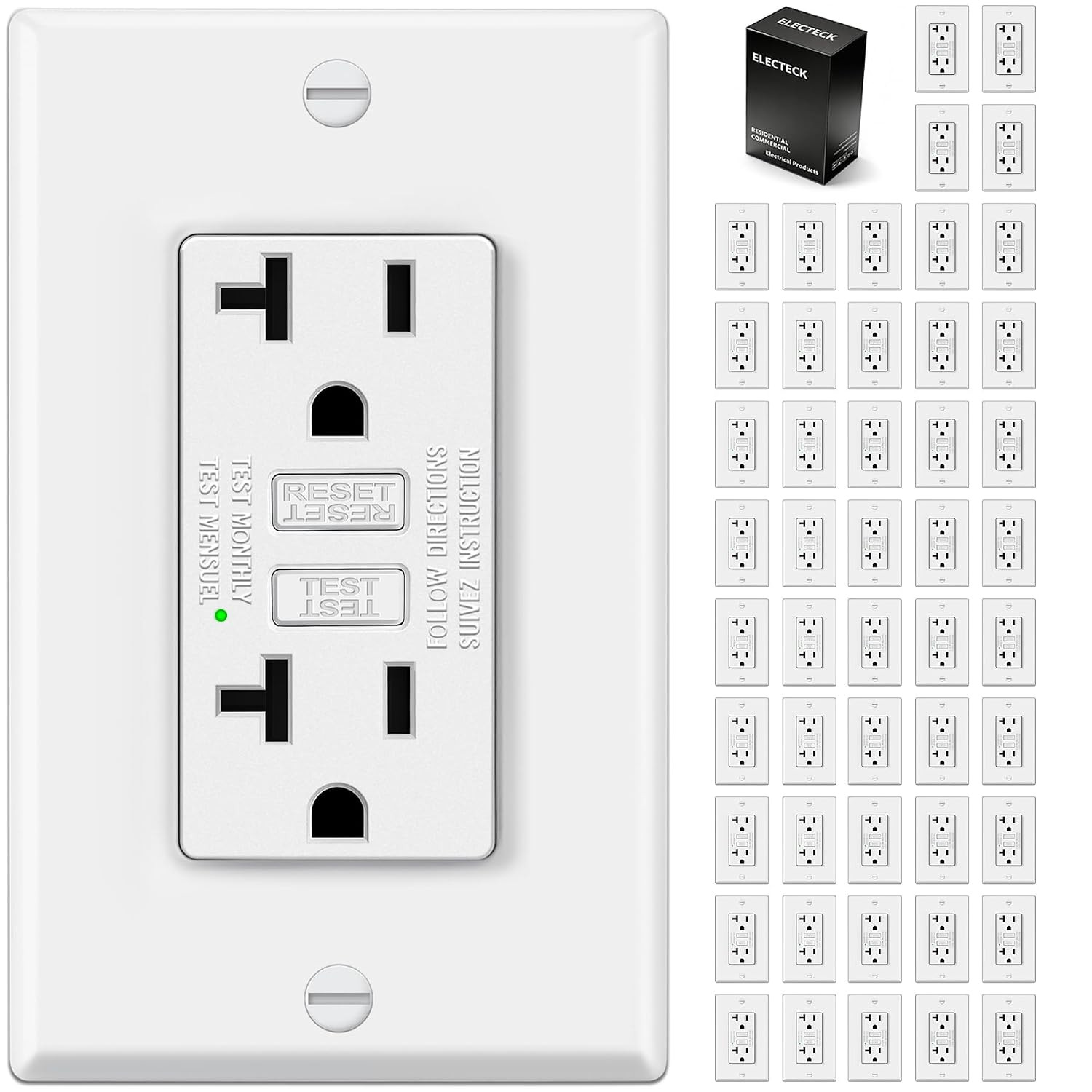 50 Pack GFCI Outlets 20 Amp, Non-Tamper Resistant, Decor GFI Receptacles with LE