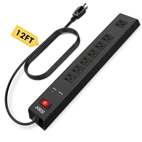 7 Outlet Metal Long Power Strip with Overload Protection & 1500J 12FT Black