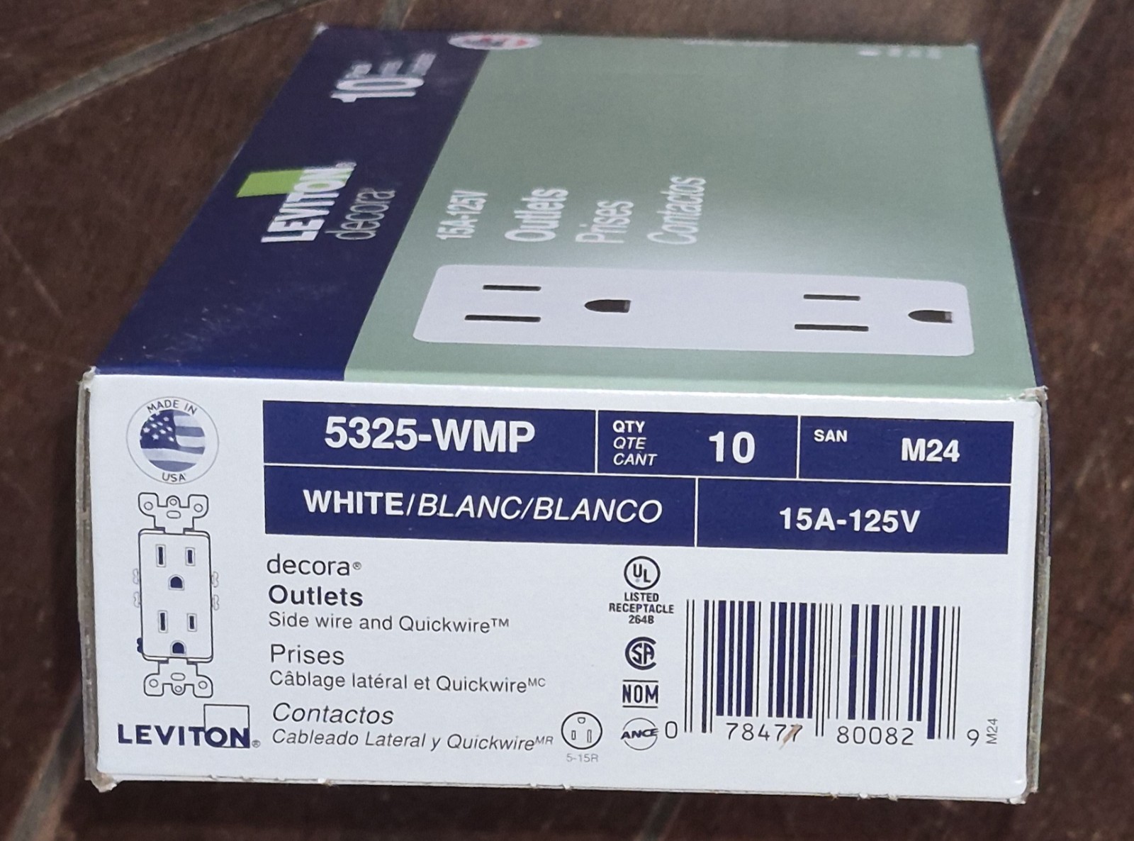10pk Leviton Decora 15 amp Outlets -White- (15A-125V) #5325-WMP