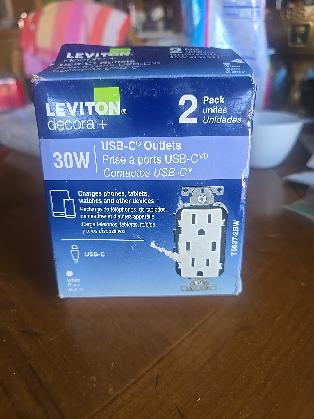 Leviton USB-C Outlets 30W T5637-2BW 6A USB Charger 15A-125V White (2 Pack)