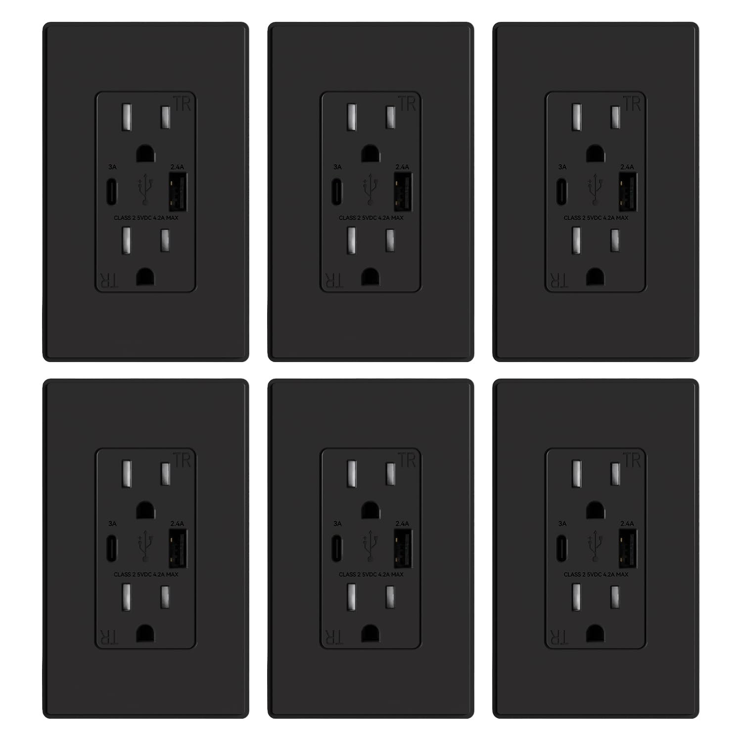 ELEGRP Matte Black 6 Pack USB A C Wall Outlet