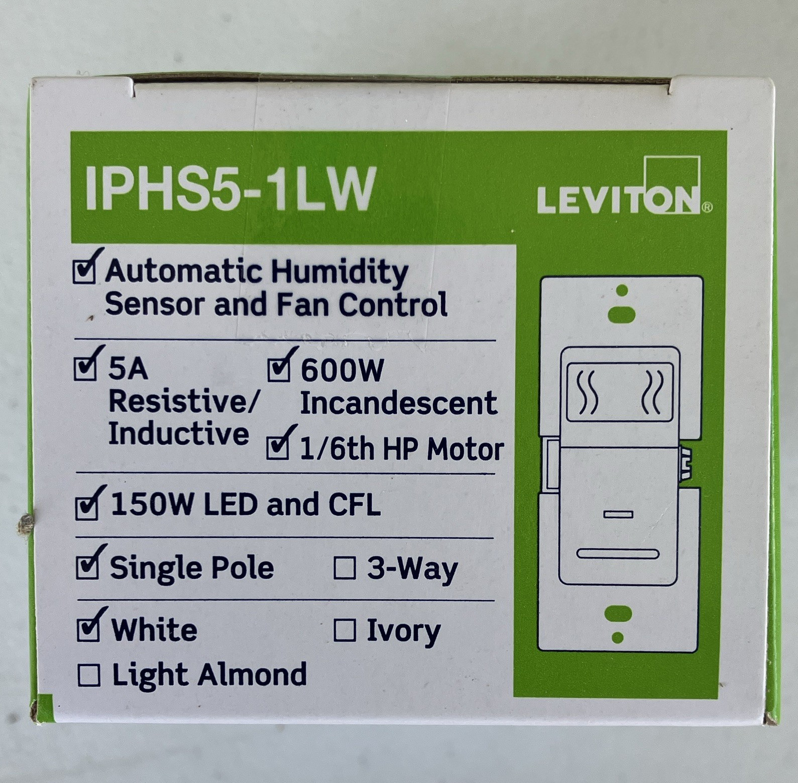 *Qty 7* Leviton IPHS5-1LW Humidity Sensor Fan Control Switch 1P 5A 120V White