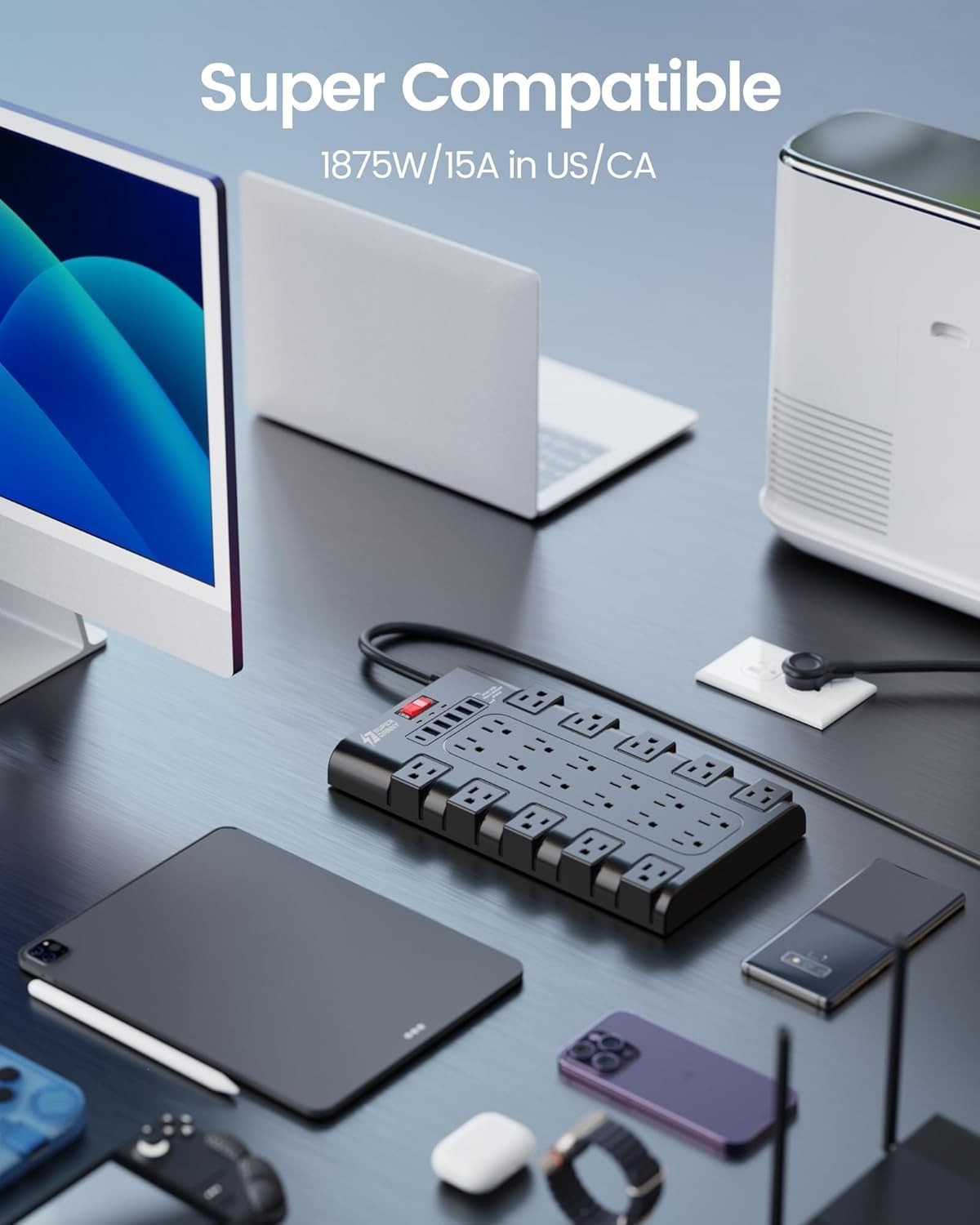 Smart Power Strip with 28 Outlets & USB Ports – 2100J Surge Protection Included