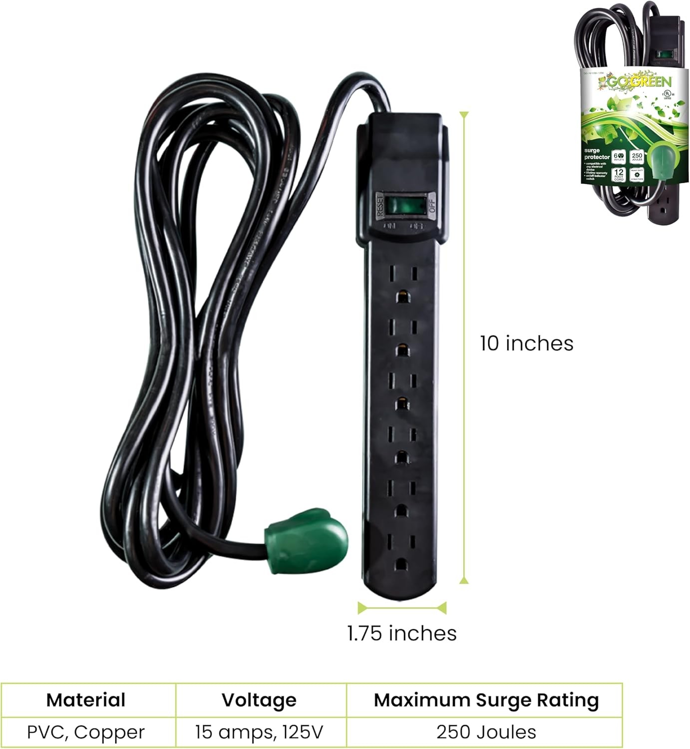 GoGreen Power (GG-16103M-12BK) 6 Outlet Surge Protector, 250 Joules, Black, 12ft