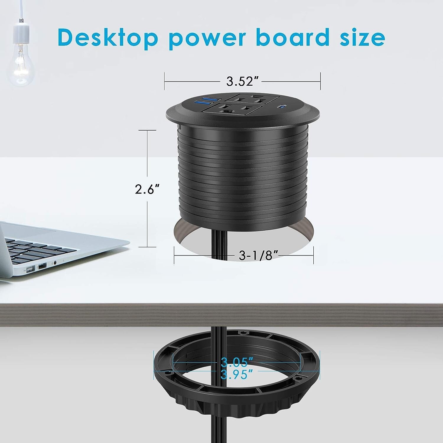 Desktop Power Grommet with 2 AC OUTLETS Fast Charging USB C, 2 USB A PORTS