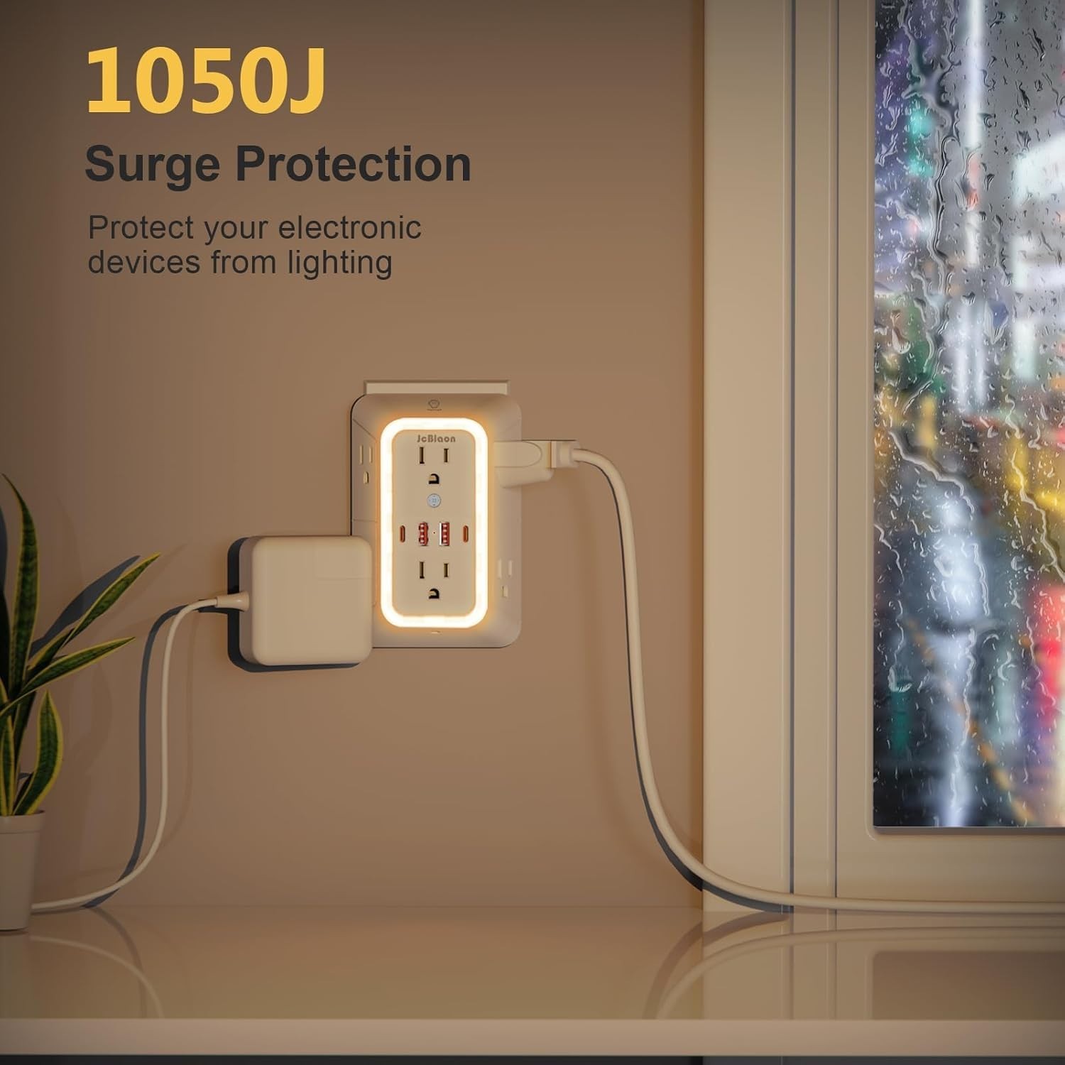 Wall Outlet Extender with Night Light, Power Plug Adapter 6 Outlet Extender with
