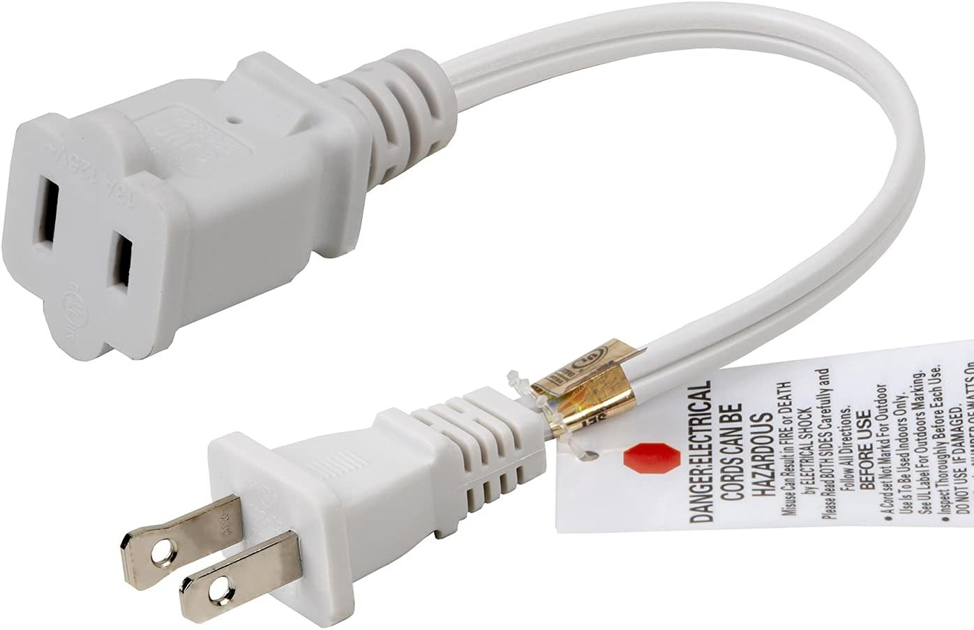1FT Polarized 2 Prong Extension Cord 16AWG NEMA 1-15P to 1-15R White