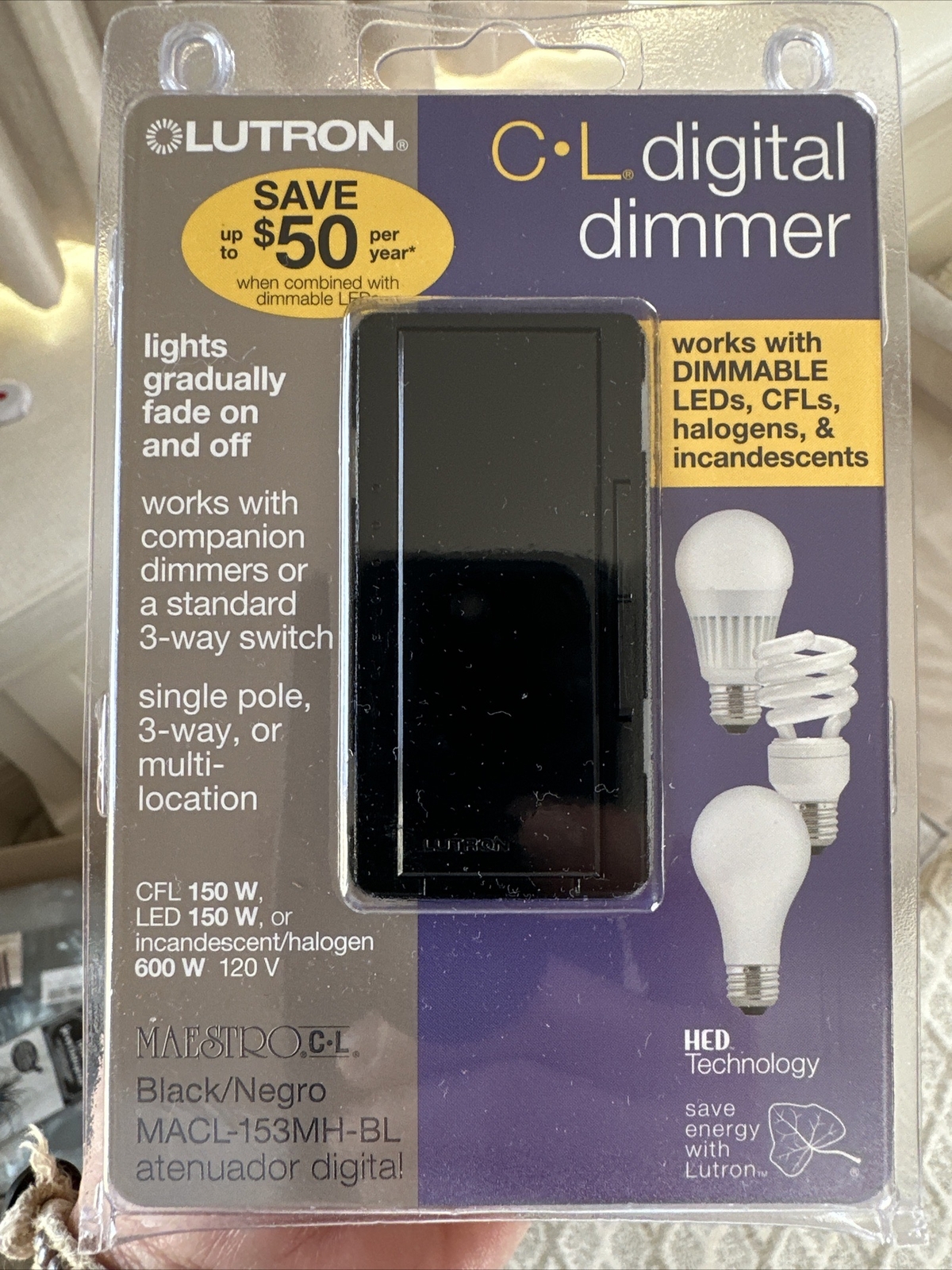 Lutron Maestro Dimmable CFL/LED Dimmer MACL-153MH-BLACK