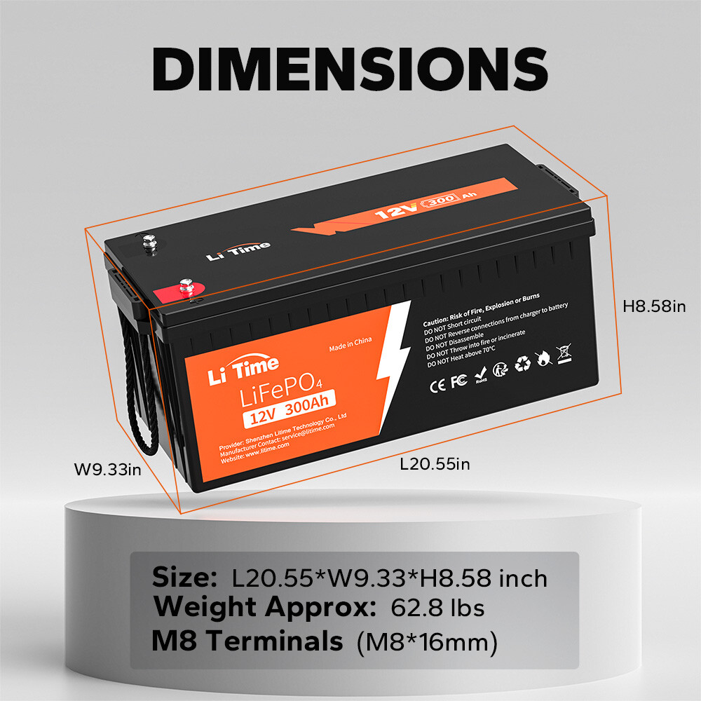 Litime 12V 300Ah LiFePO4 Lithium Battery 3840Wh Built-in 200A BMS For RV Solar