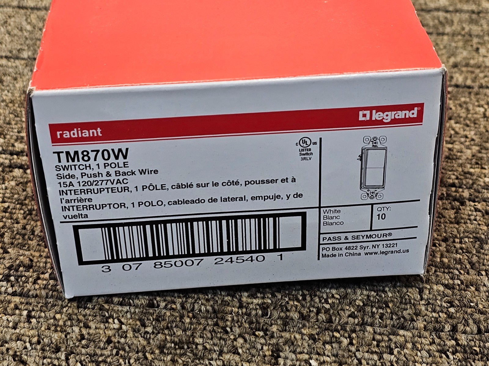 (QTY 20) Legrand Switch 120/277VAC White 1 Pole TM870W Push & Back Wire