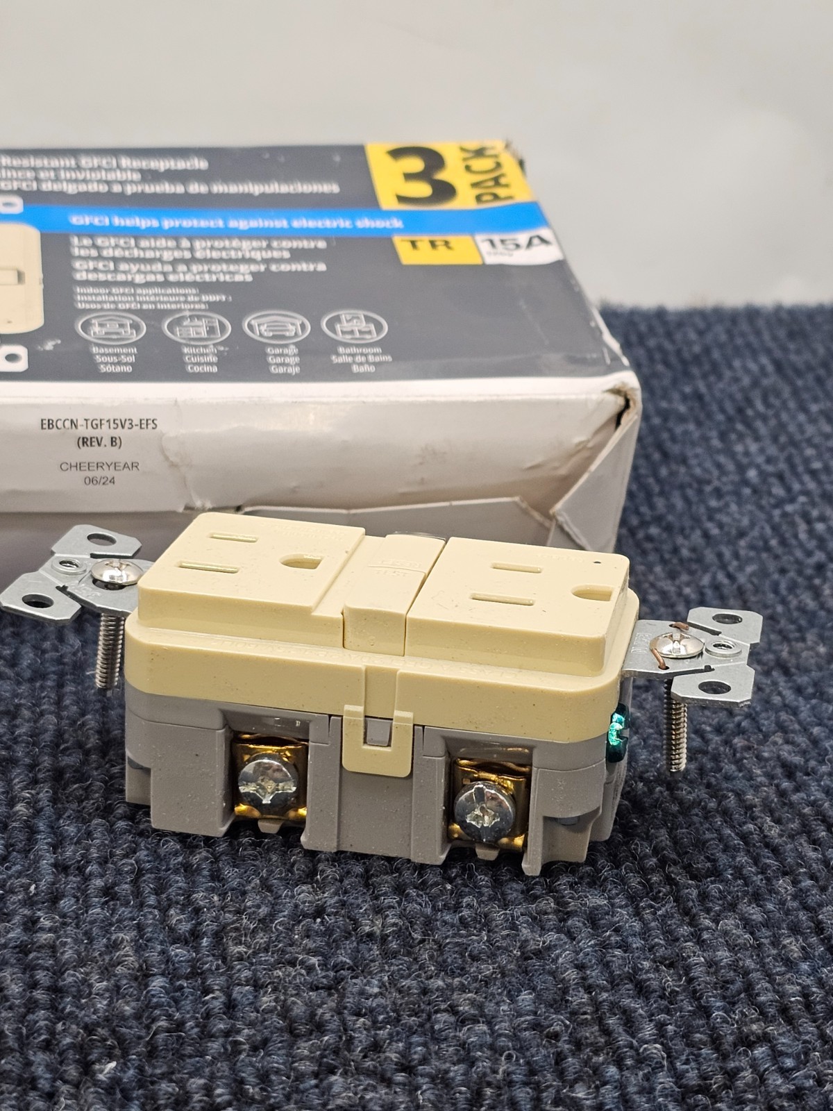 (QTY 3) Eaton TRGF15V-3-L: 15A Tamper Resistant Duplex Receptacle – Ivory