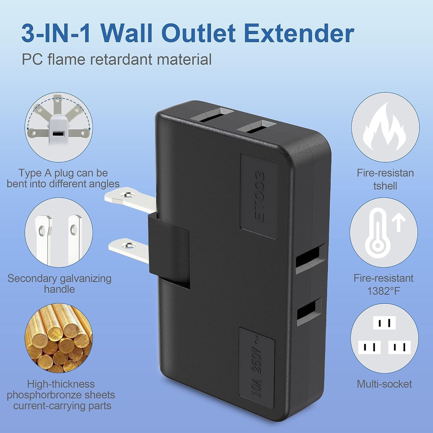 ETwinCoo 3-Way Flat Wall Outlet Extender & Splitter, 2-Prong Swivel Mini Plug…