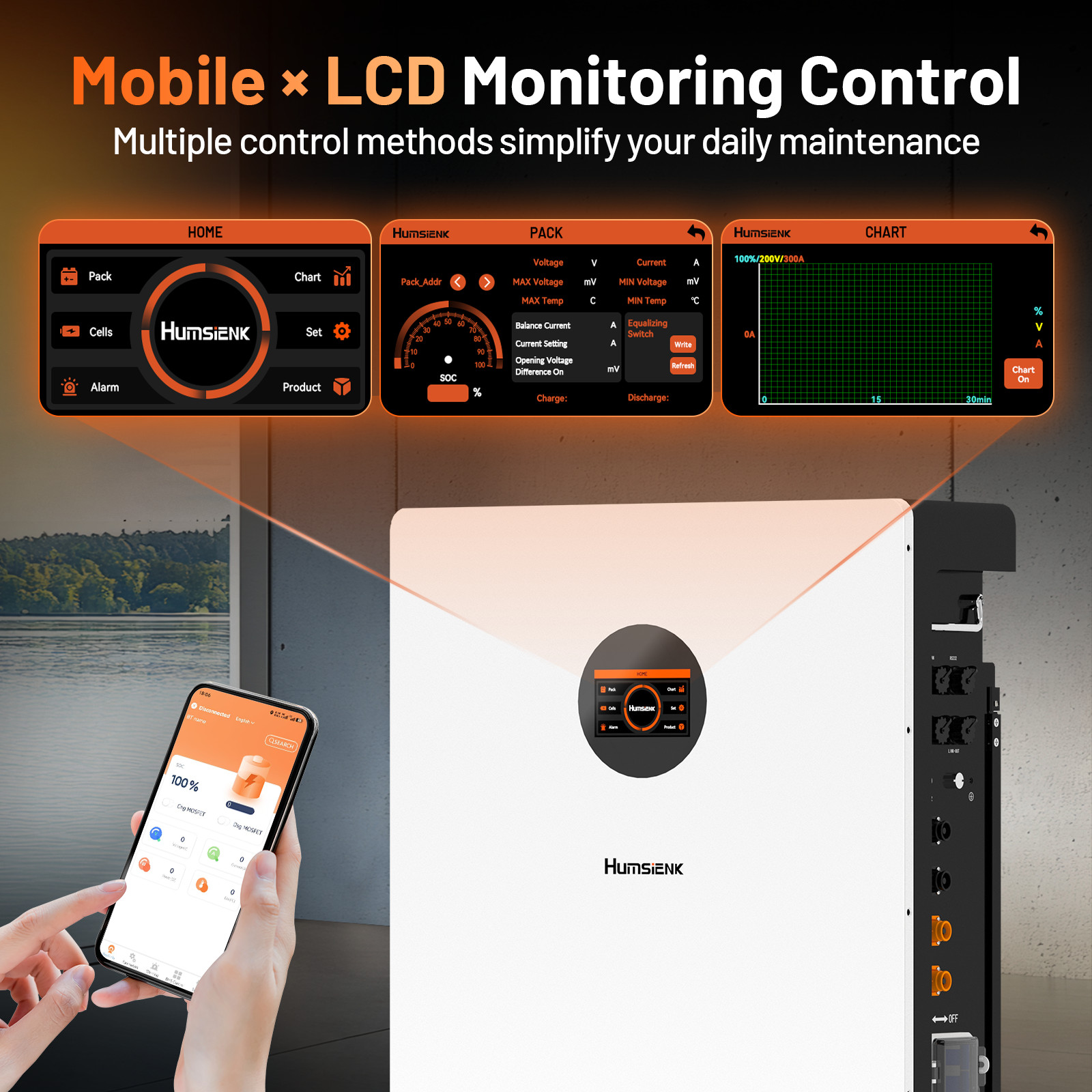 Humsienk 48V 314Ah LiFePO4 Battery Wall Mounted 200A BMS Bluetooth Home Backup