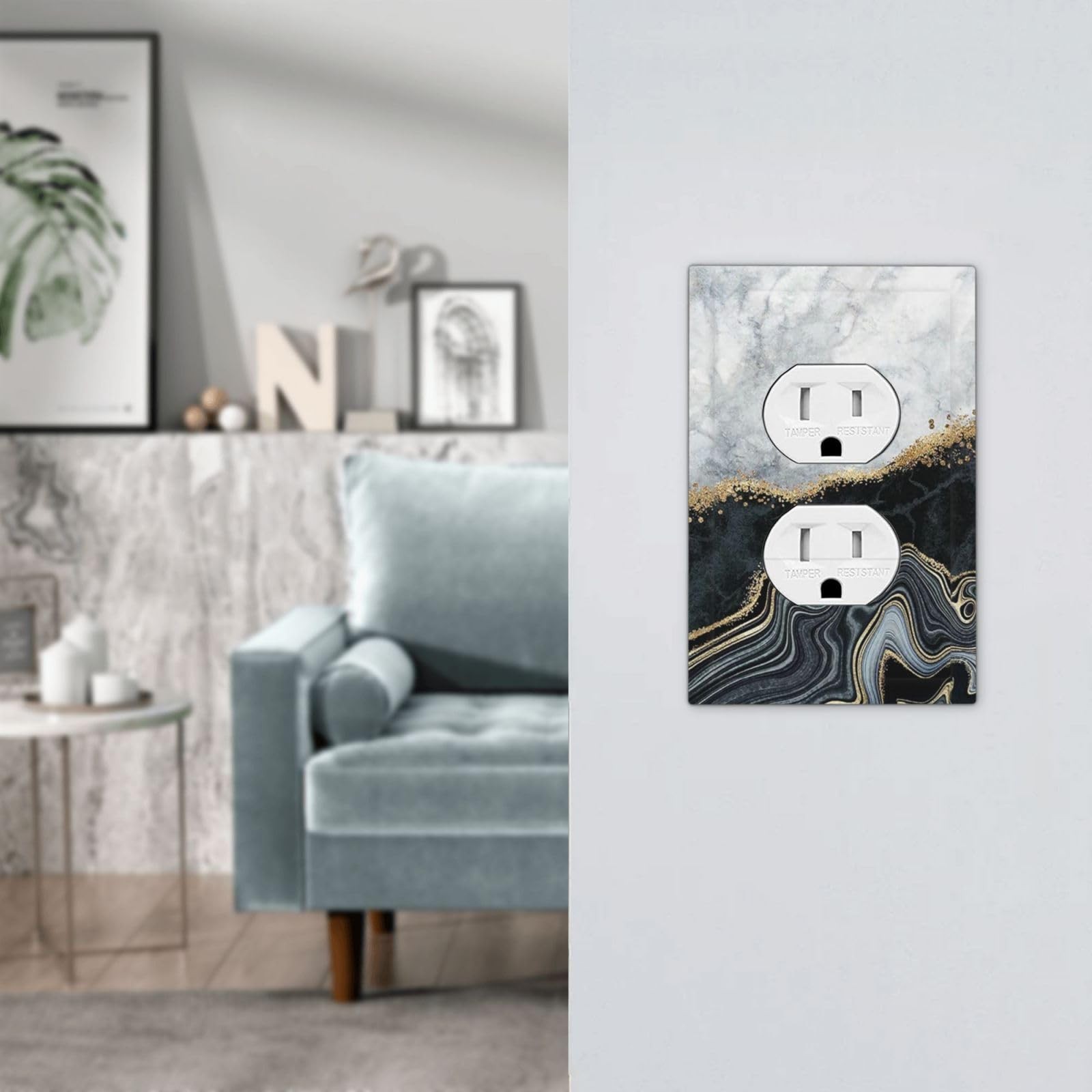 Modern Abstract Black Gray Grey Gold White Marble 1 Gang Duplex Receptacle Wa…