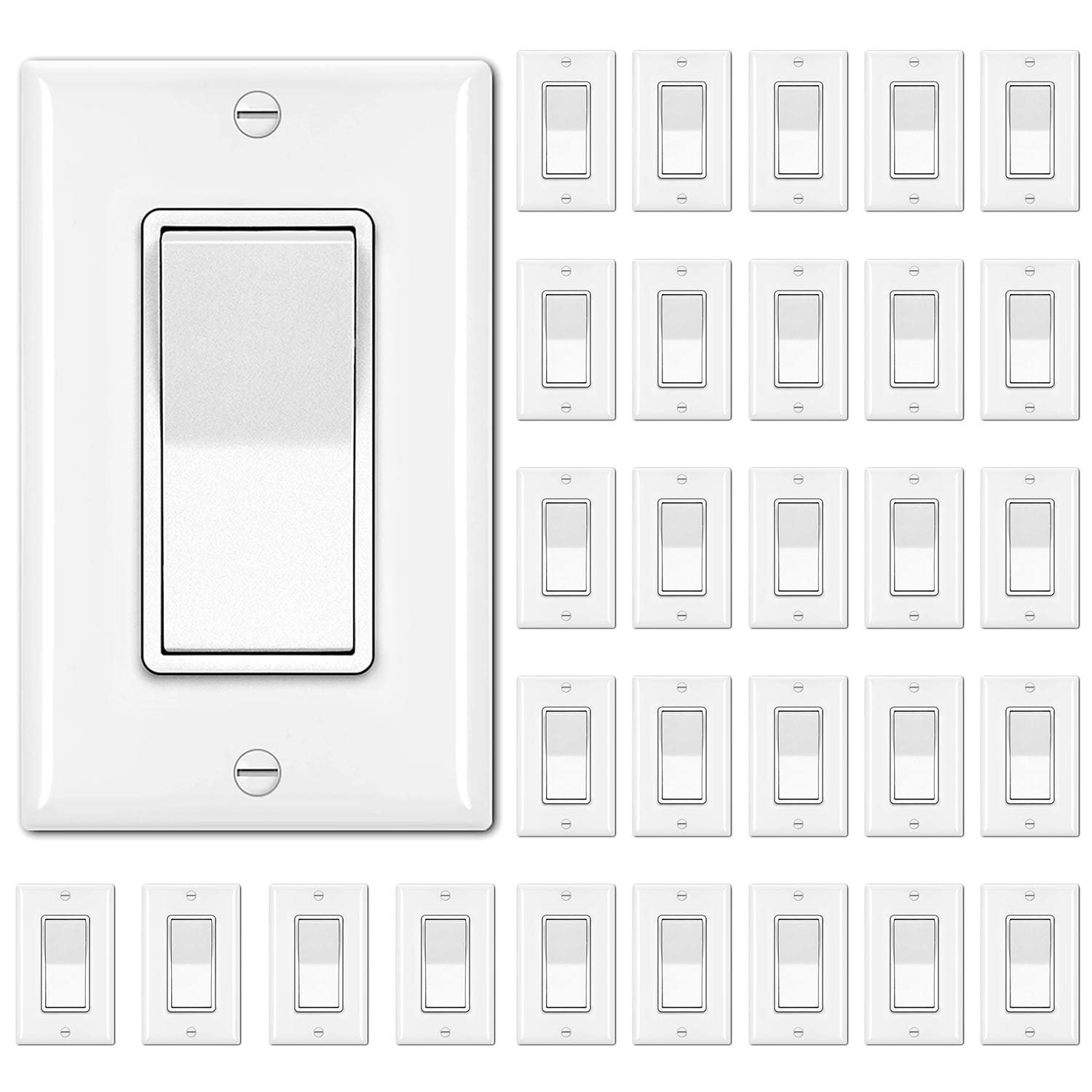 30 Pack Rocker Paddle Light Switches with Wall Plates, Listed, White Elegance