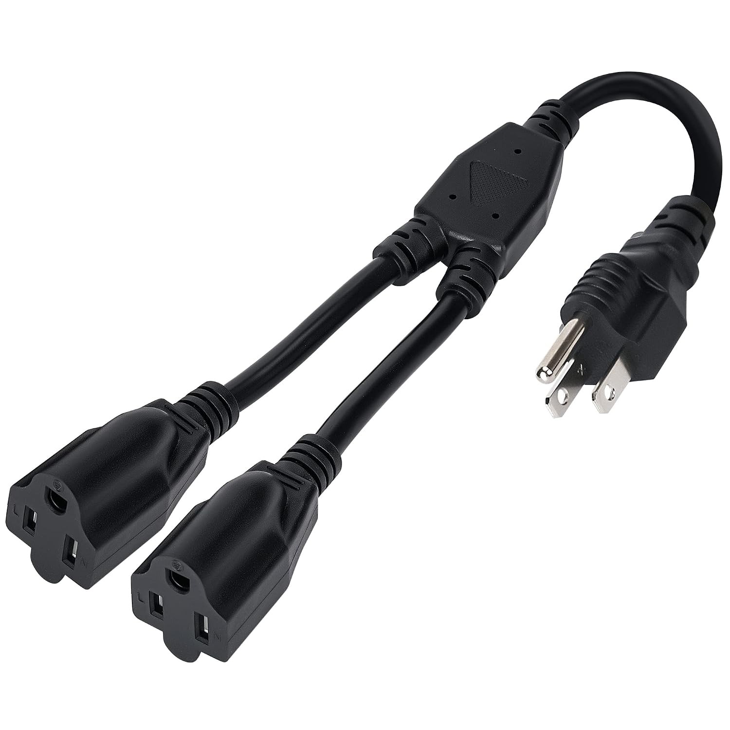 3 Prong Y Splitter Power Extension Cord 1 FT Straight Plug 1 to 2 Way Outlet