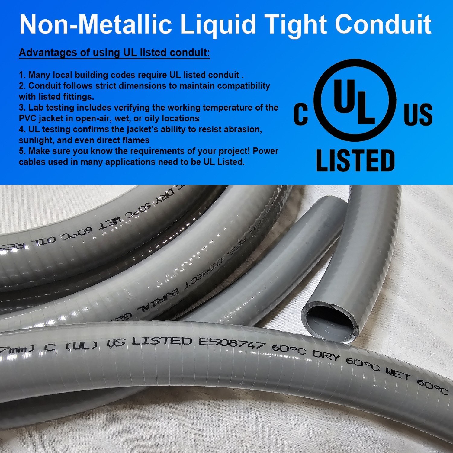 Flexible Liquid Tight, Non-Metallic Electrical Conduit with Fittings – UL Listed