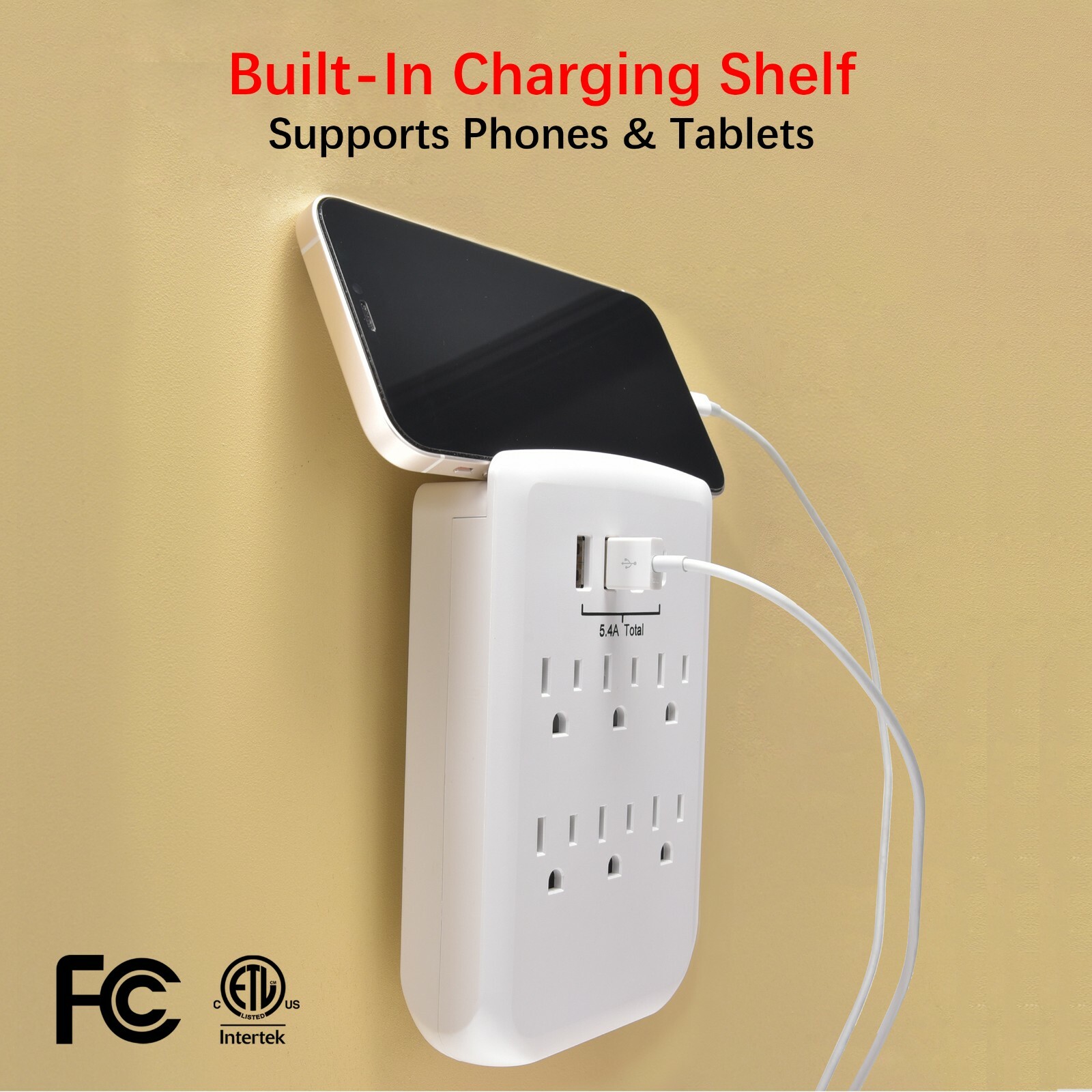 CP 6-outlet Wall-Tap w/ 3-Port USB-A & 1-Port USB-C Chargers, White, CP30007