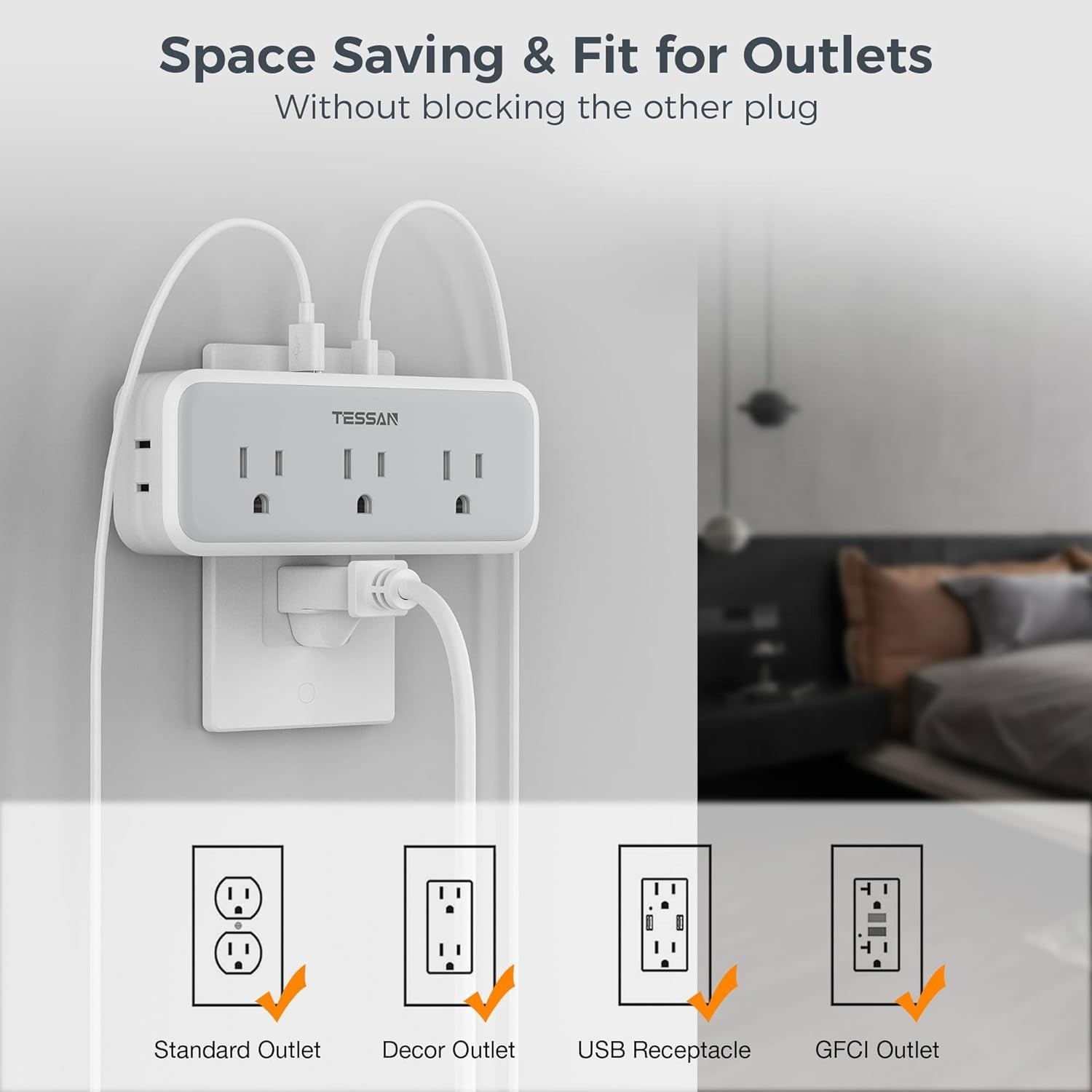 5-Outlet Surge Protector Wall Charger with 3 USB Ports – Ideal for Home & Office