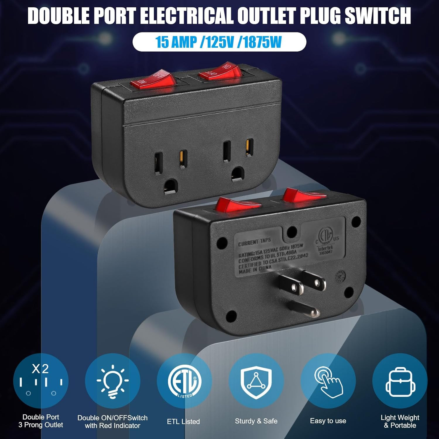Dual On/Off Switch Grounded Outlet 2-Port Plug Adapter 15A 1875W ETL Black 1PK
