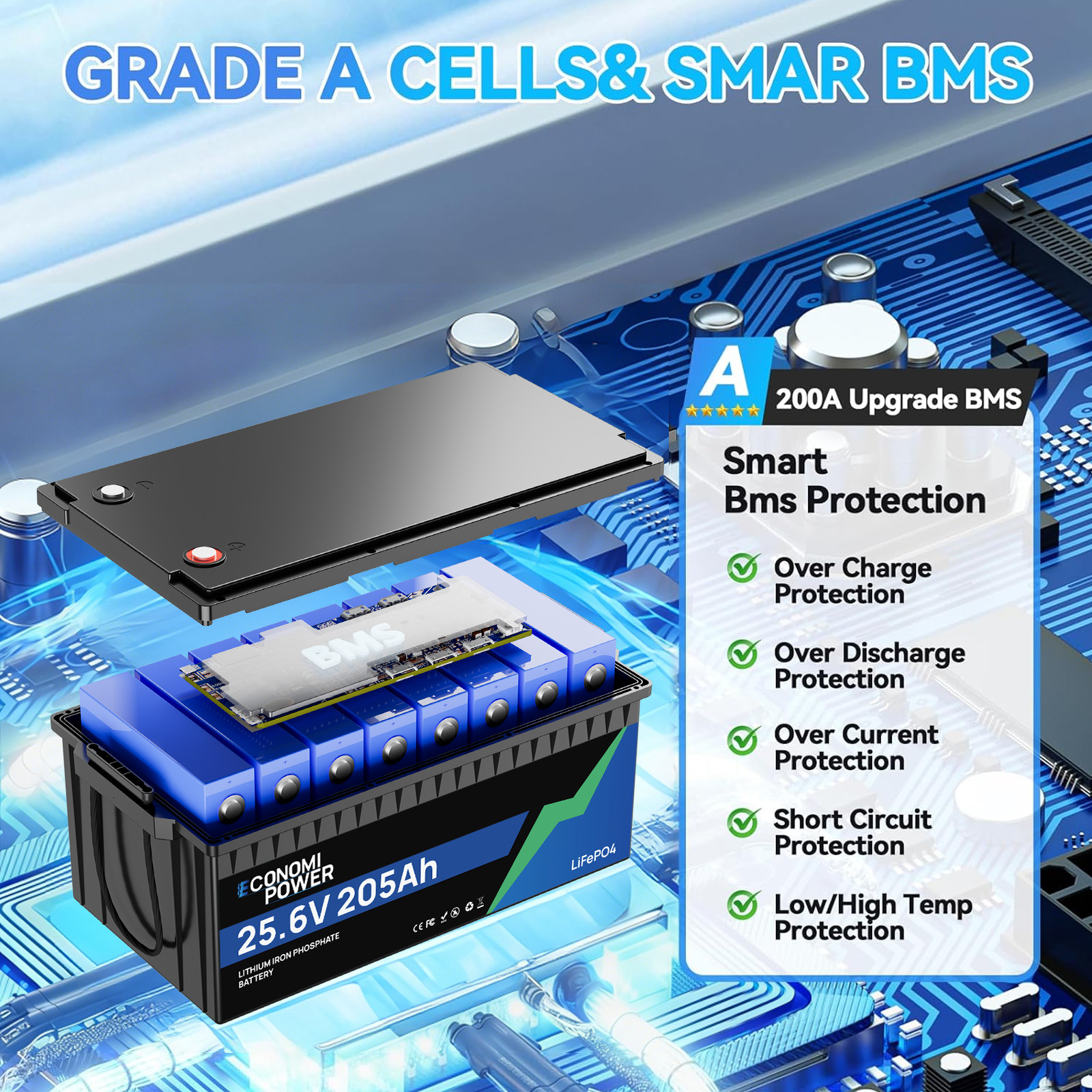 25.6V 205Ah LiFePO4 Battery 5.2kWh 200A BMS Bluetooth | RV Solar Marine Off-Grid