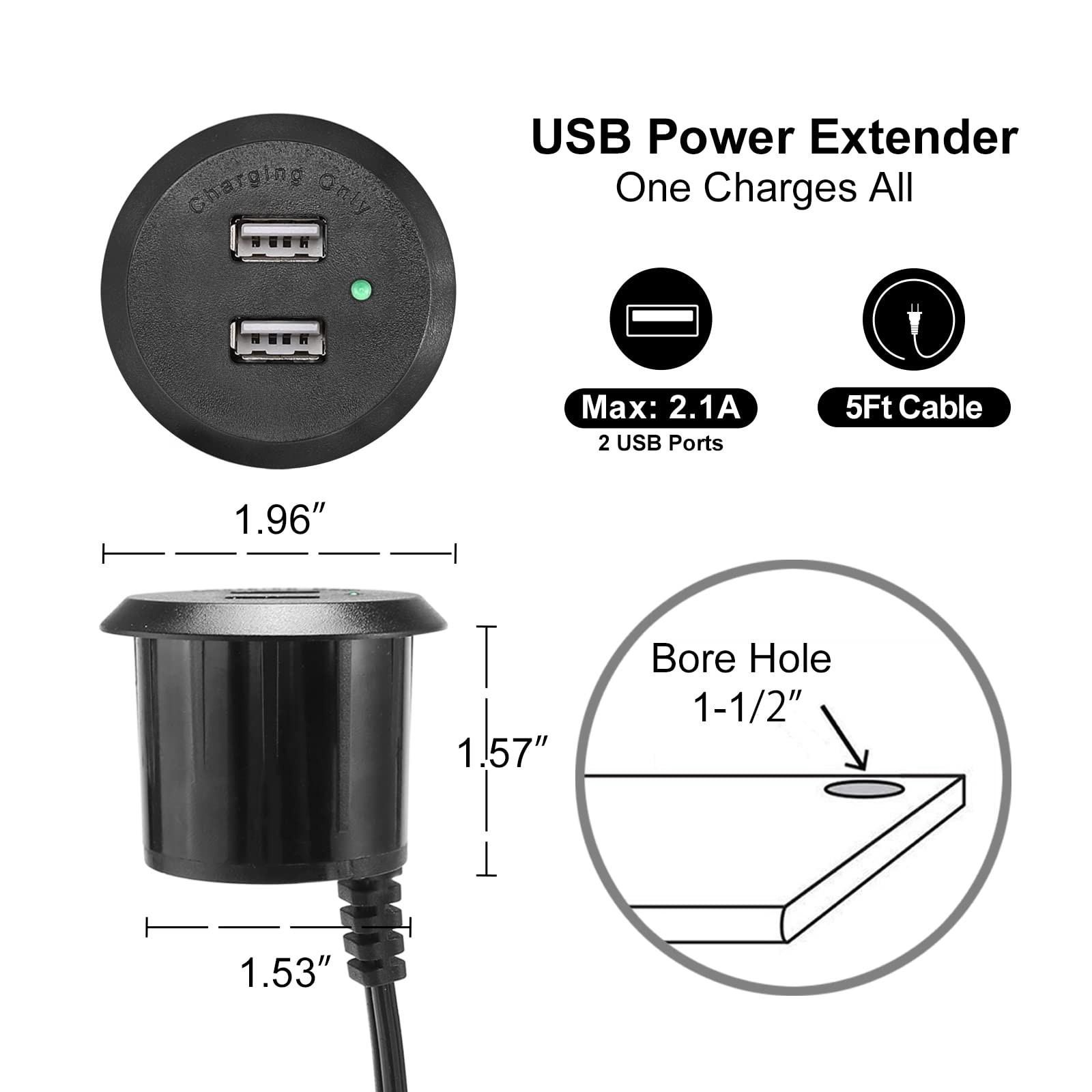Desktop USB Power Grommet with 2 USB 2.1A Ports Recessed Mount Power Hub