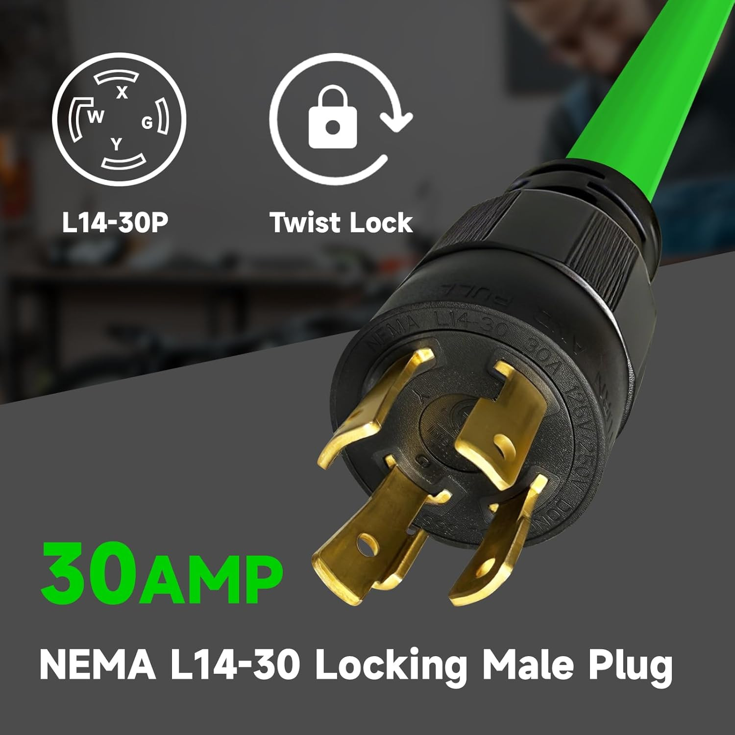 10 Ft 30-Amp Generator Extension Cord, 4-Prong 125/250V 7500W NEMA L14-30P/R, 10