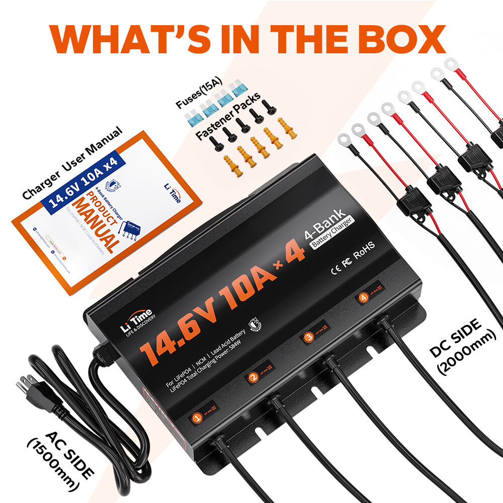 LiTime 14.6V 10A* 4 Bank Smart Battery Charger for Lithium LiFePO4 Lead Acid NCM