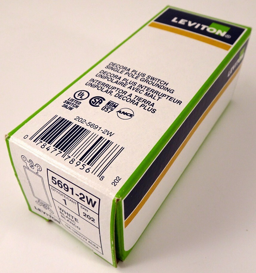 Leviton 5691-2W Decora Switch, 15A, 120/277V, 1-Pole, White, Back/Side Wired New