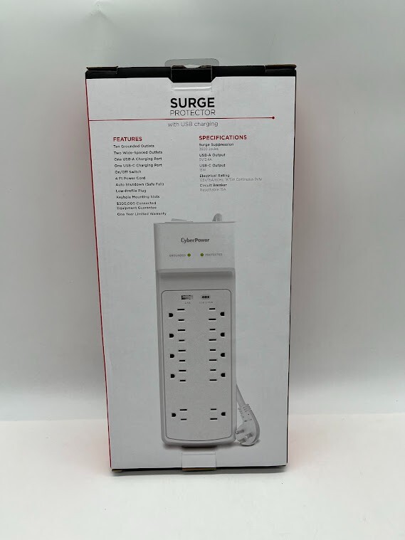 CyberPower P1004UC – 3600 J White Surge Protector, 1 USB-A and 1 USB-C Port