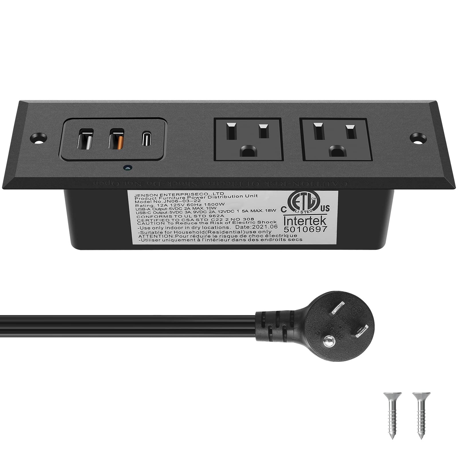 CCCEI Recessed Power Strip with 20W USB C Port, Fast Charging 6ft, 20W_Black