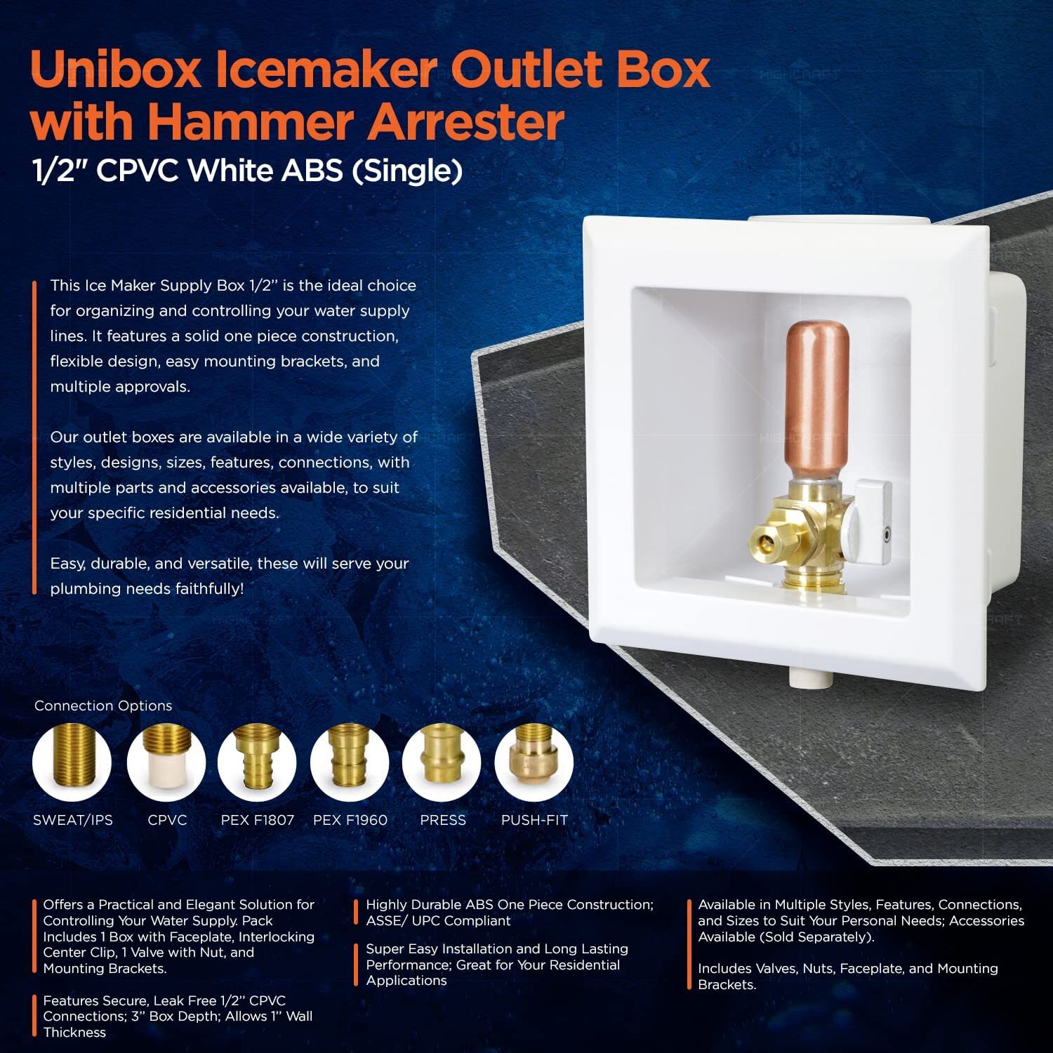 Icemaker Outlet Box w/ Hammer Arrester,Valve, Nut 1/2”in CPVC White ABS (Single