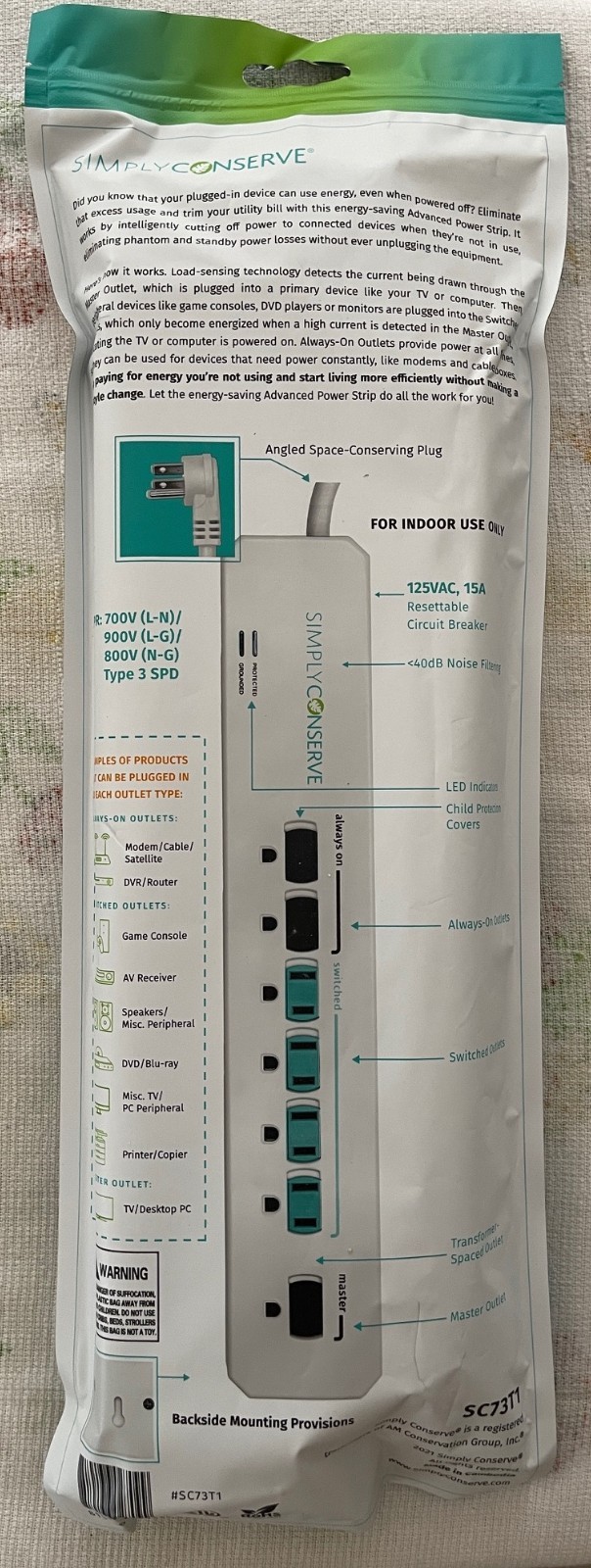 Simply Conserve 7- Outlet Advanced Power Strip Energy Saver Surge Protector 125V