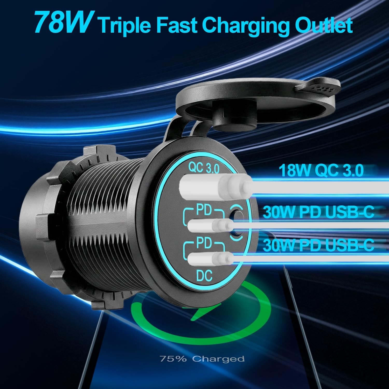 12V USB Charger, PD 20W USB-C & 18W QC3.0 Waterproof Power Outlet for Car, RV, B