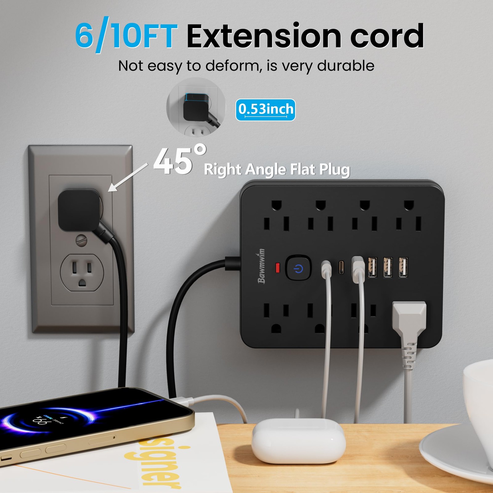 Surge Protector Power Strip, 8 Outlets(1250W/10A), 6 USB Charging Ports(2 USB…