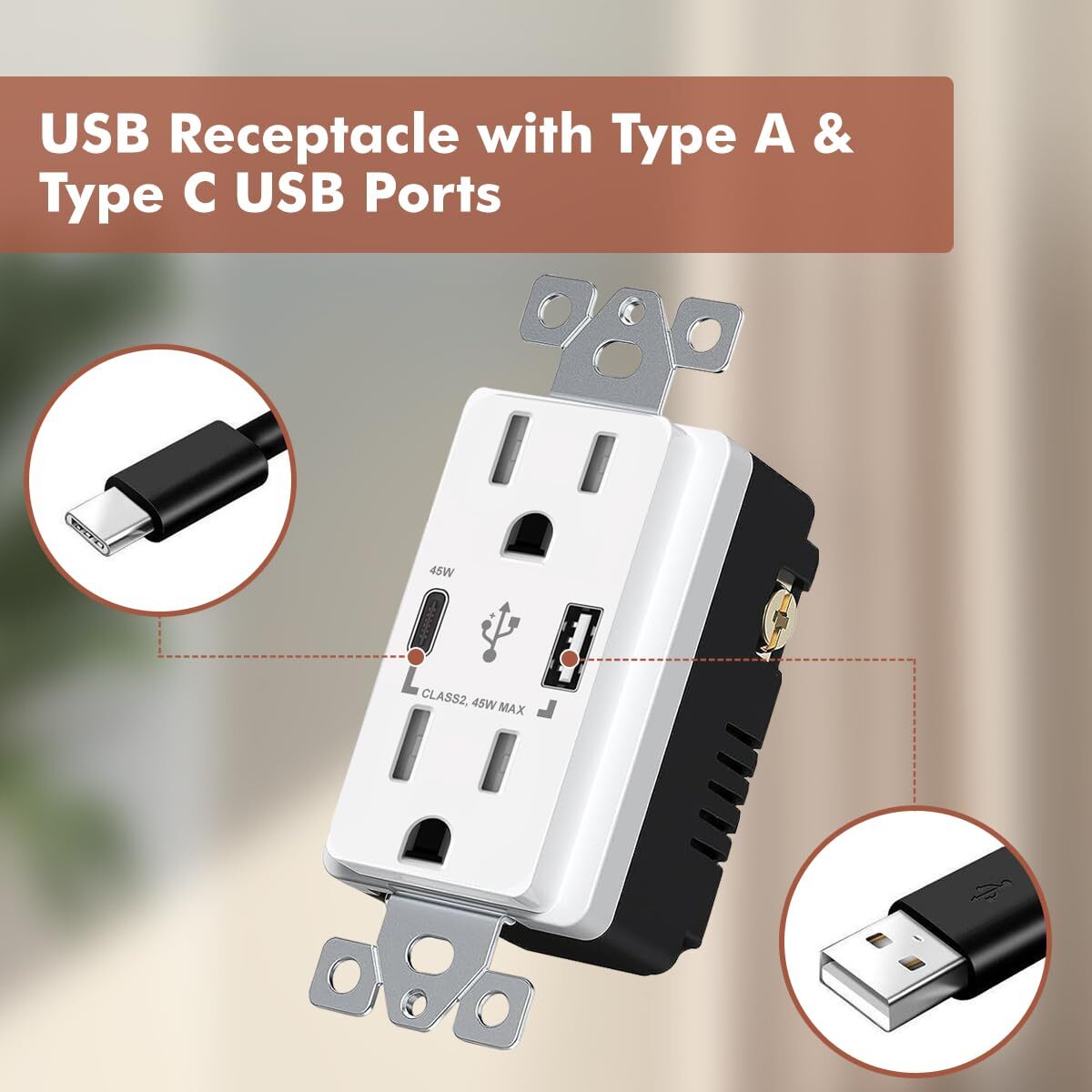 USB C Outlet PD,45W Power Delivery Decora Receptacle,15Amp Tamper Resistant,4.8A