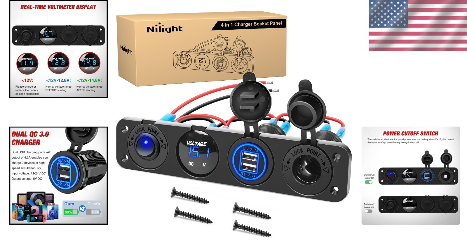 Vehicle-Ready 4 in 1 Power Outlet Panel with Dual USB and ON/OFF Toggle Switch